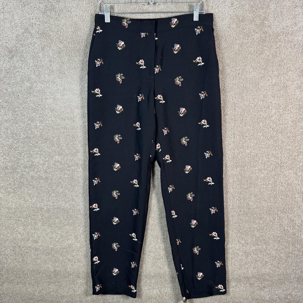 Ann Taylor Dress Pants Womens Small Tall Black Floral Tapered Pull On Elastic